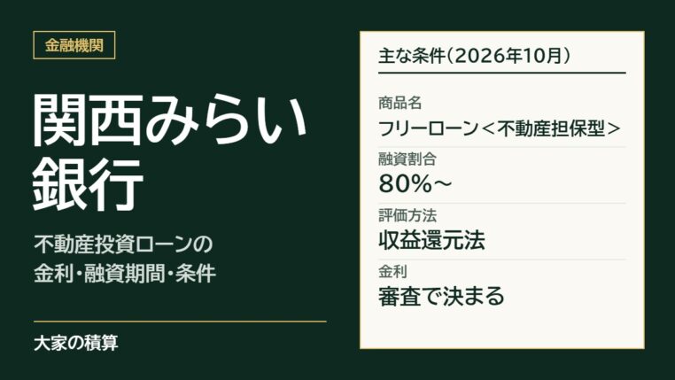 関西みらい銀行の不動産投資ローンの主な条件：フリーローン＜不動産担保型＞、融資割合80%〜、評価方法は収益還元法、金利は審査で決まる
