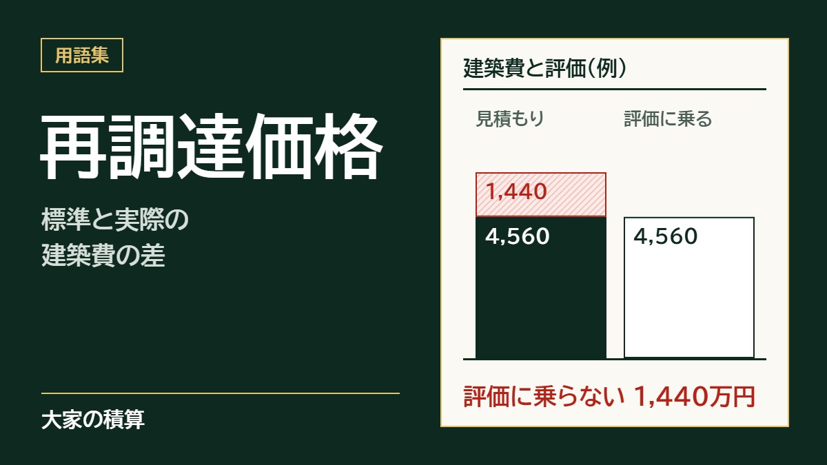 再調達価格のモデルケース:見積もりの建築費6,000万円のうち、評価に乗るのは国の標準の4,560万円で、1,440万円は乗らない