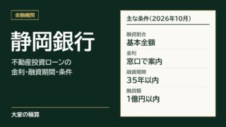 静岡銀行の不動産投資ローンの主な条件：融資割合は基本全額、金利は窓口で案内、融資期間35年以内、融資額1億円以内