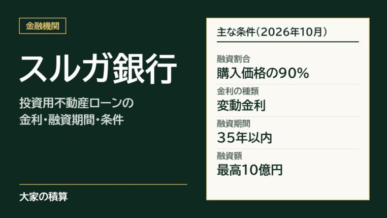 スルガ銀行の投資用不動産ローンの主な条件：融資割合は購入価格の90%、変動金利、融資期間35年以内、融資額は最高10億円