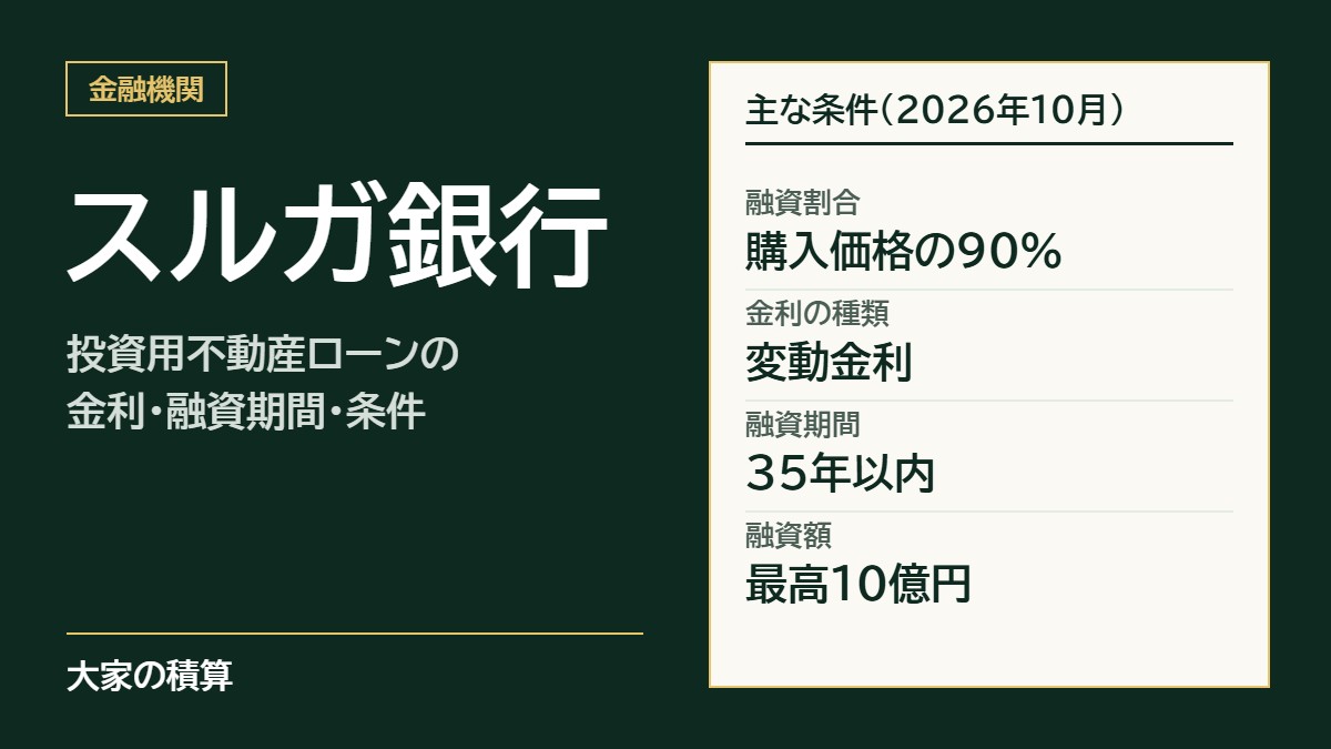 スルガ銀行の投資用不動産ローンの主な条件：融資割合は購入価格の90%、変動金利、融資期間35年以内、融資額は最高10億円