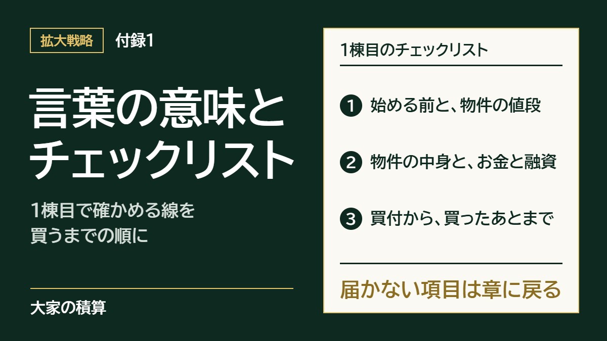 1棟目のチェックリストの流れ。始める前と物件の値段、物件の中身とお金と融資、買付から買ったあとまでの順に確かめ、届かない項目は章に戻る。